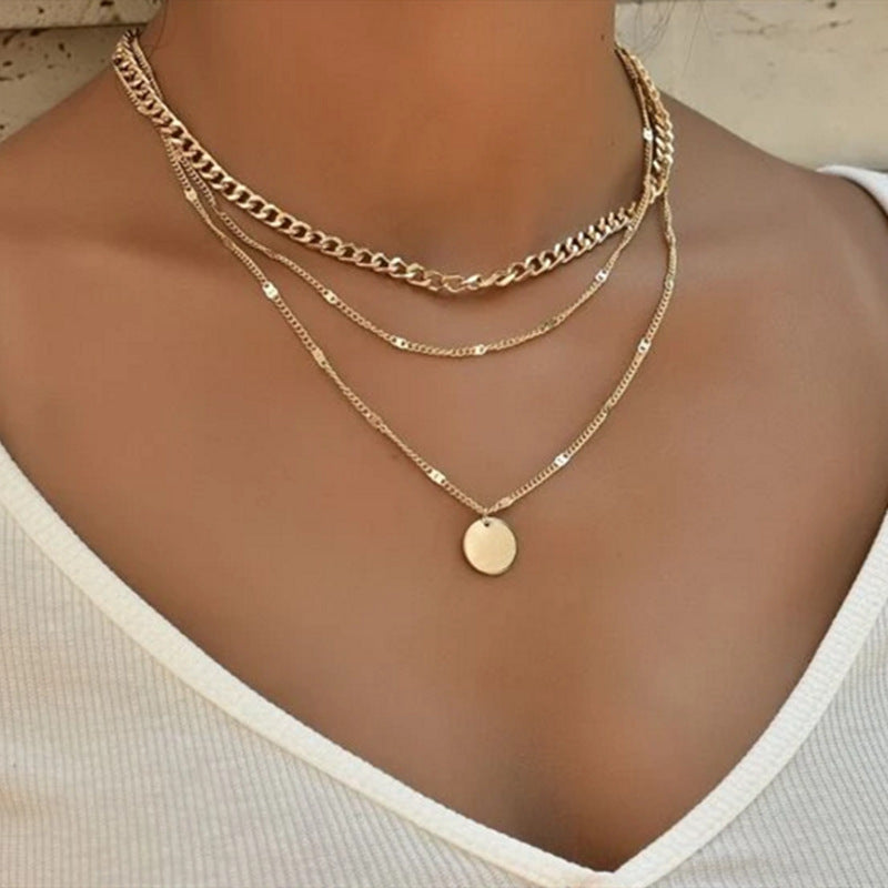 Strakt Women's Multilayer Necklace Ins Fashion Disc Pendant Clavicle Necklace Chains Personality Jewelry